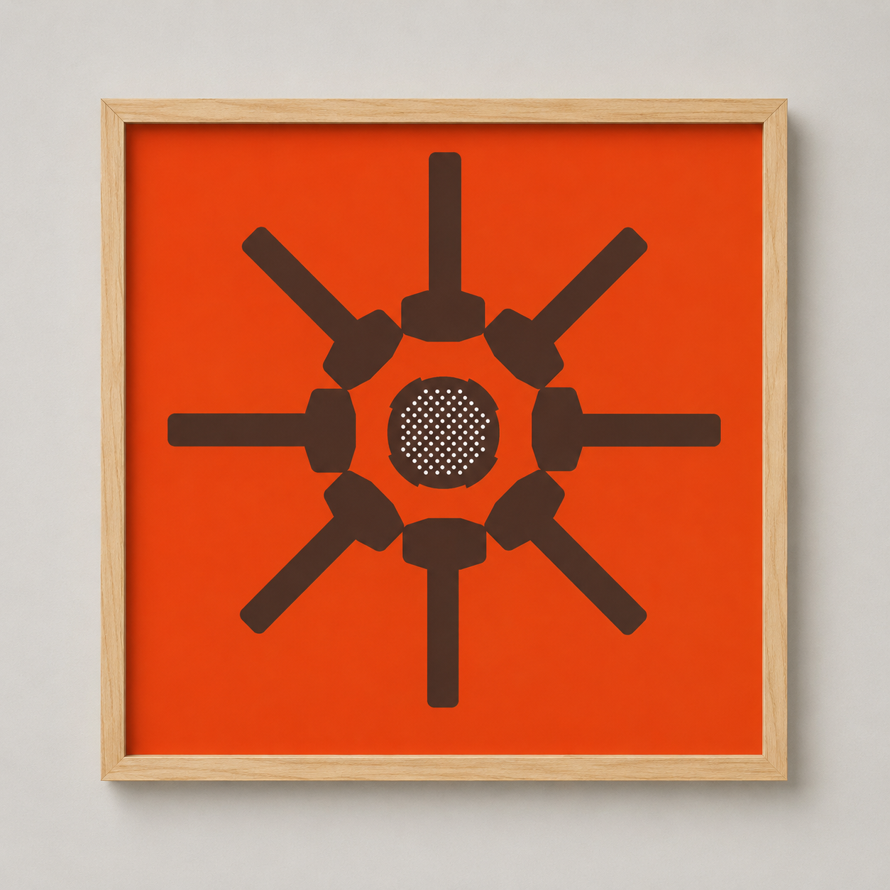 Framed artwork aeropress composition with brown abstract design on an orange background