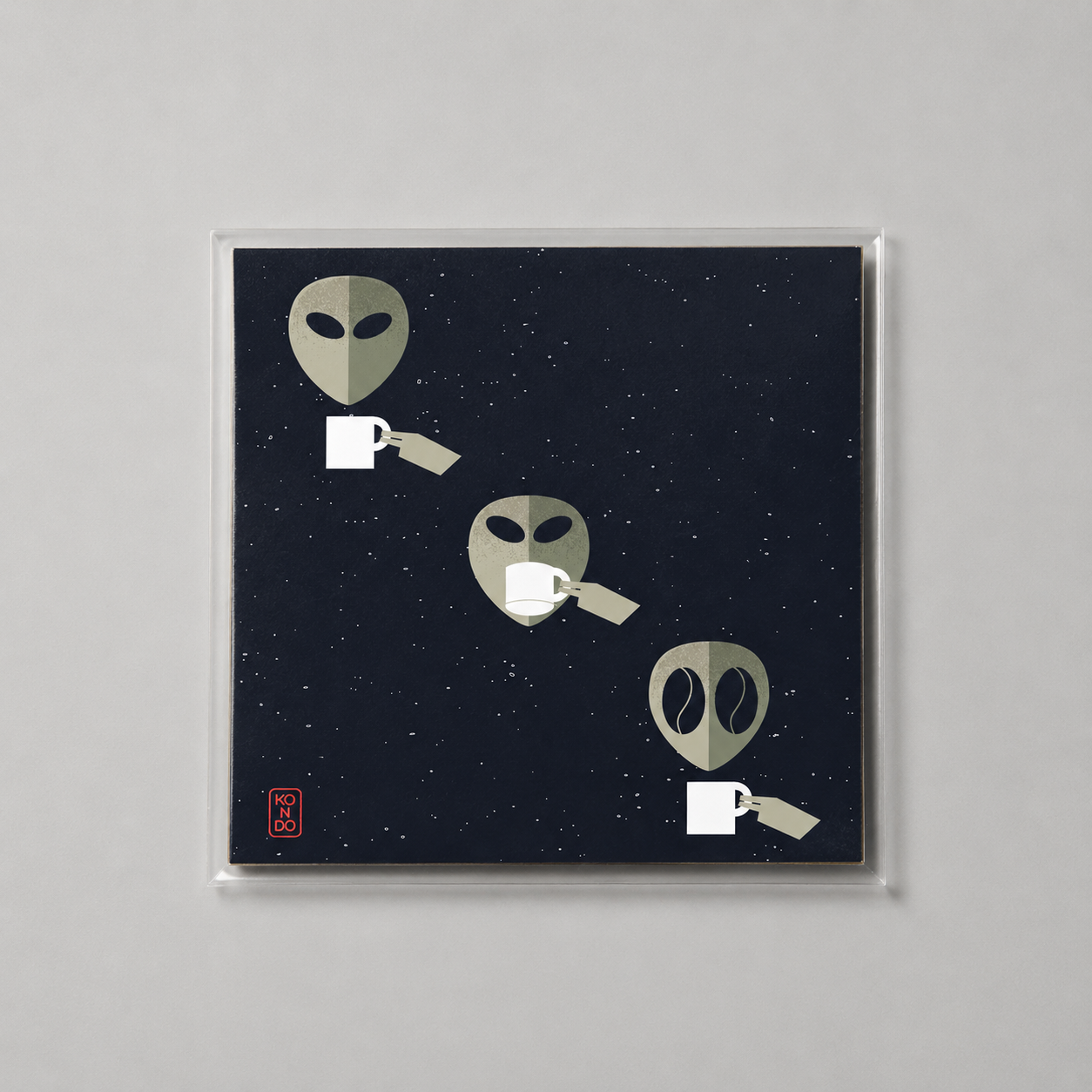 Framed artwork with alien faces holding coffee cups on a starry night background