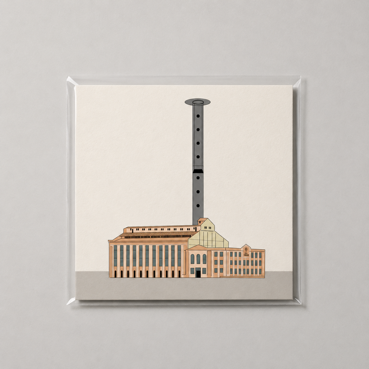 Framed artwork of a building - Gasômetro - with a tall cylindrical structure (aeropress) on a beige background