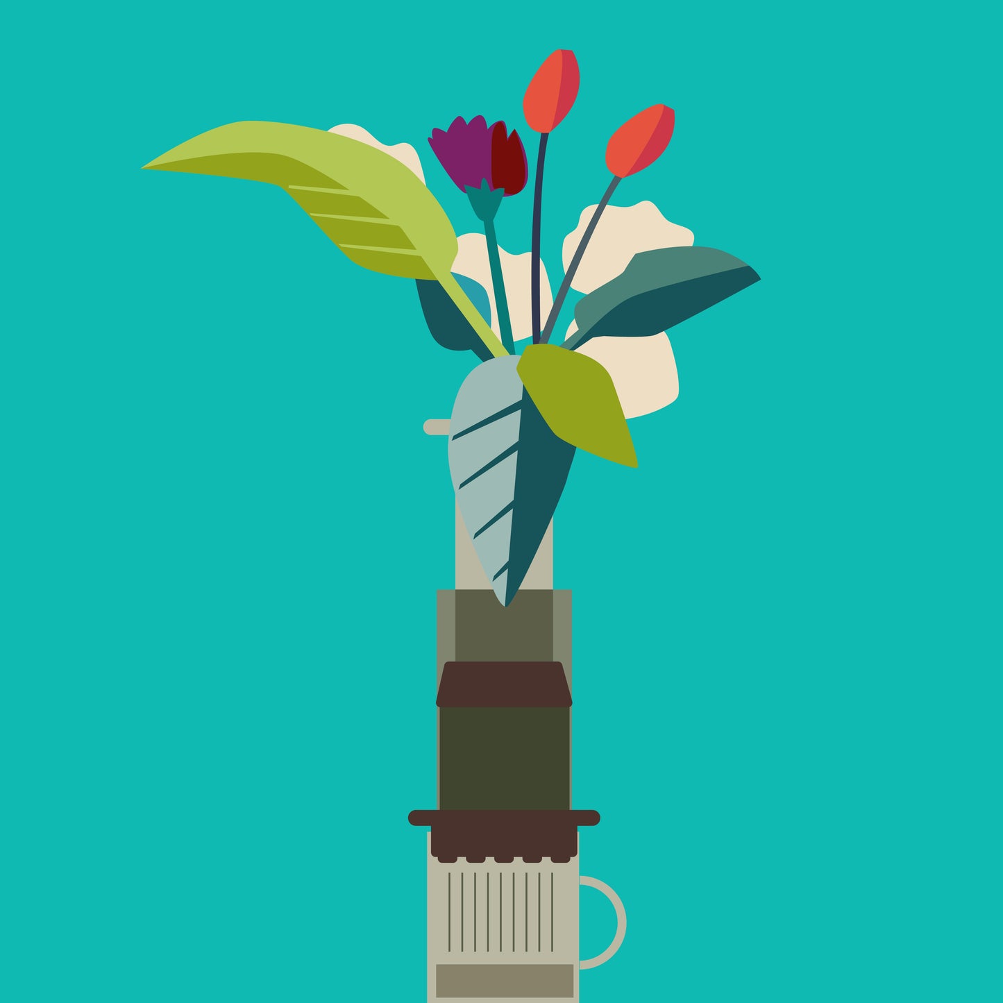 Vase with flowers on a teal background.aeropress.