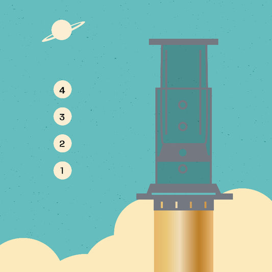Illustration of a rocket launching with a planet in the background (aeropress)
