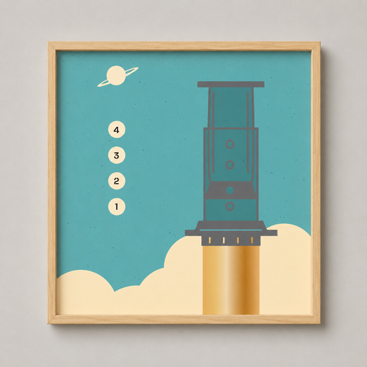Framed artwork of a rocket launching with a blue sky and sand background.