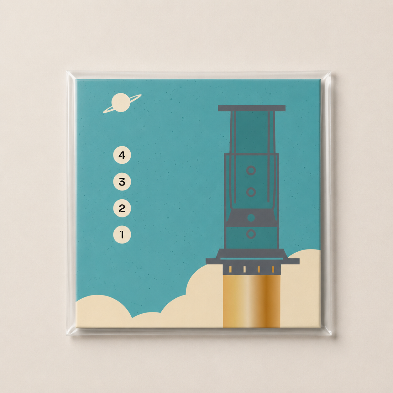 Fine art AeroPress Espacial 20 × 20 cm by Daniel Kondo, coffee and science fiction inspired illustration