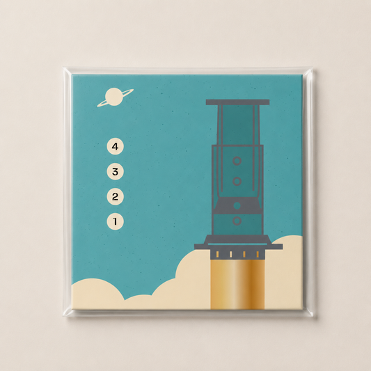 Fine art AeroPress Espacial 20 × 20 cm by Daniel Kondo, coffee and science fiction inspired illustration