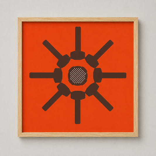 Framed artwork aeropress composition with brown abstract design on an orange background