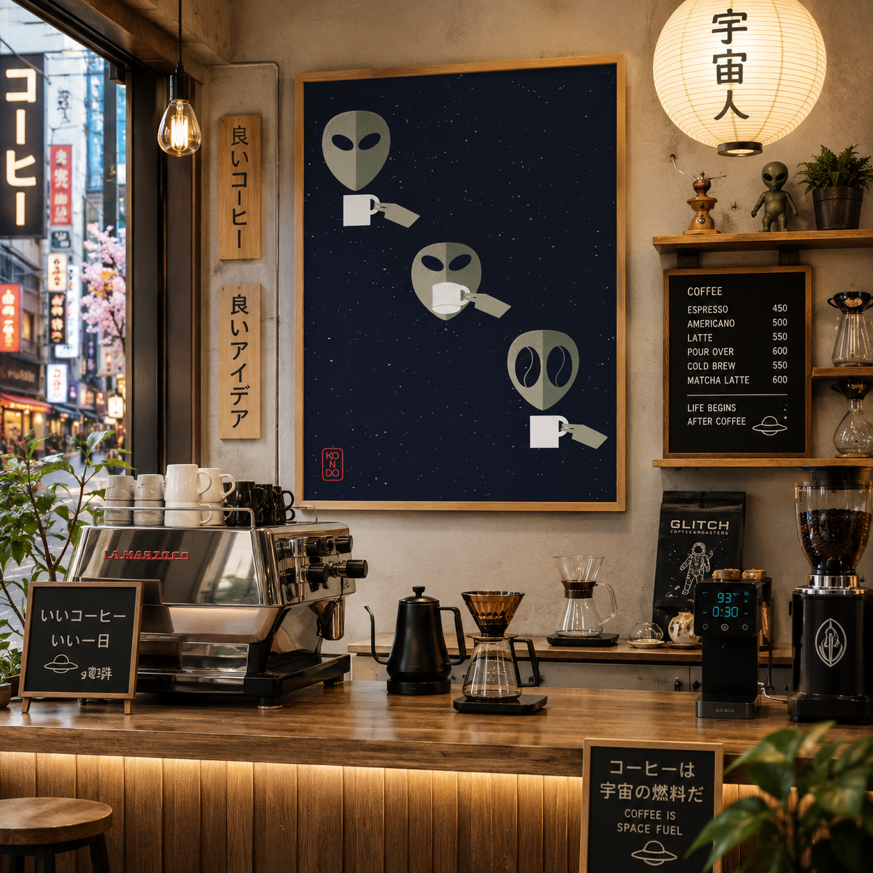 Coffee shop interior with a coffee machine, posters, and decor elements.