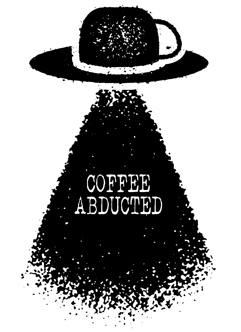 Illustration of a coffee cup with a hat above it, spilling coffee labeled 'Coffee Abducted' on a white background.