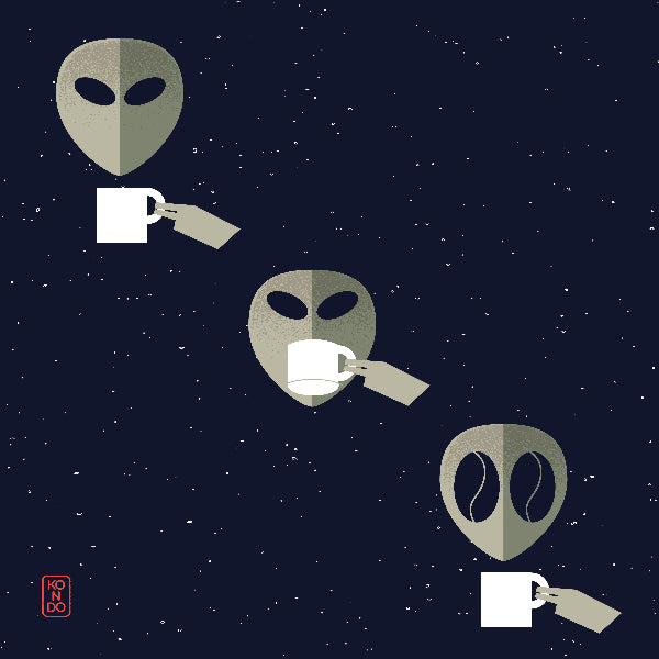 Illustration of alien faces with coffee cups on a starry night background
