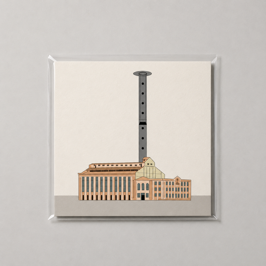Framed artwork of a building - Gasômetro - with a tall cylindrical structure (aeropress) on a beige background