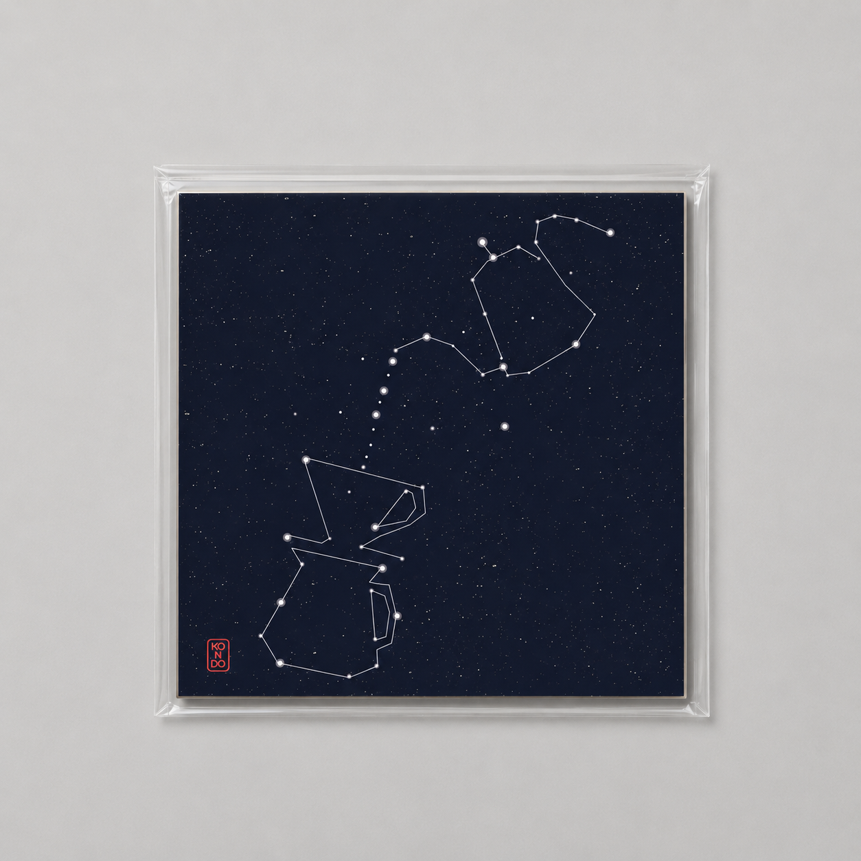 Framed artwork of constellations on a starry night sky background