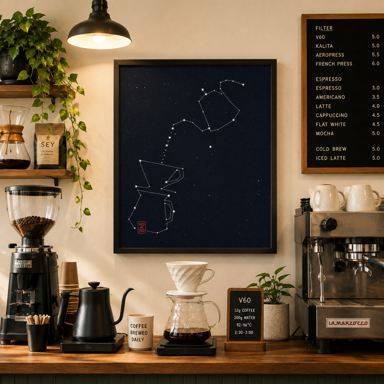 Coffee shop counter with coffee-making equipment and a framed star map on the wall.