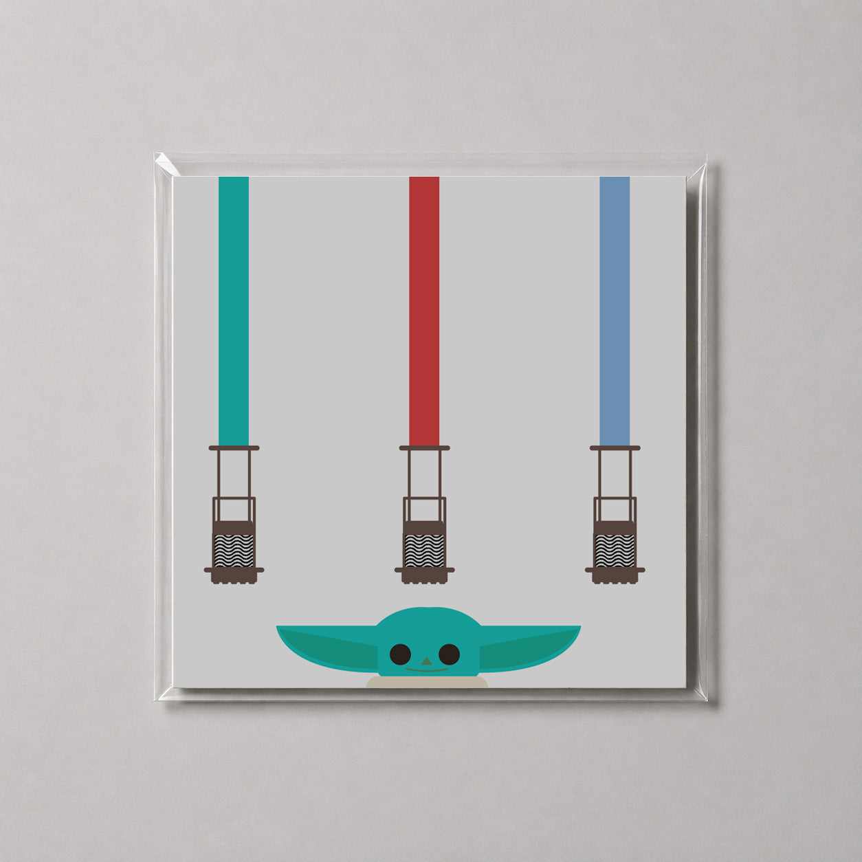 Illustration of a character with three lightsabers on a gray background