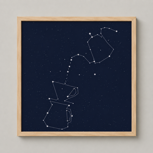 Framed poster with star constellation design on a dark blue background