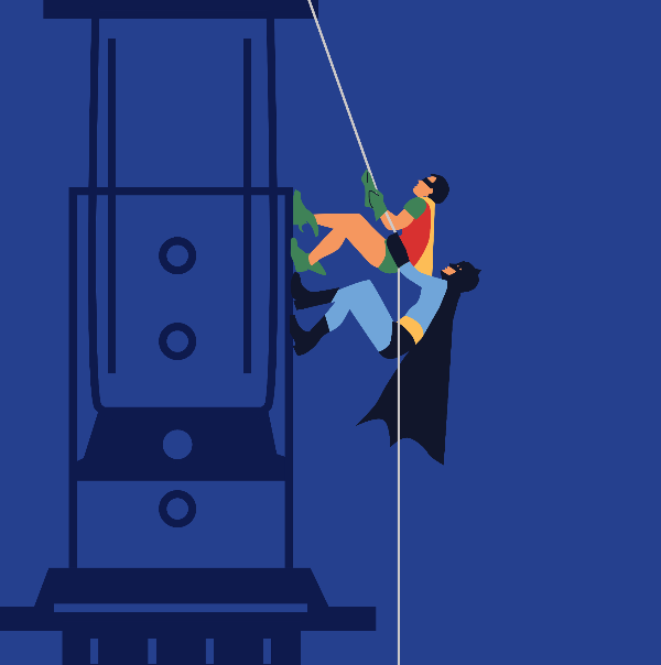 Illustration of a superhero rescuing a person from an elevator shaft. aeropress..