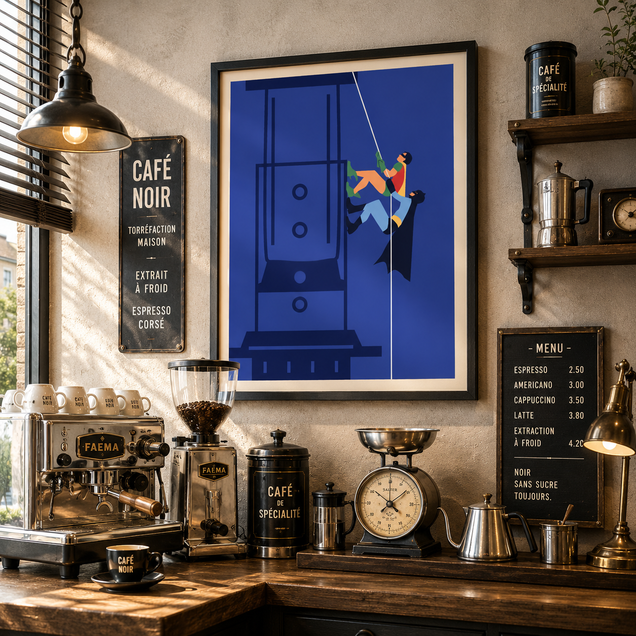 Coffee shop interior with coffee-making equipment and a framed poster on the wall. Batman and Robin and aeropress.