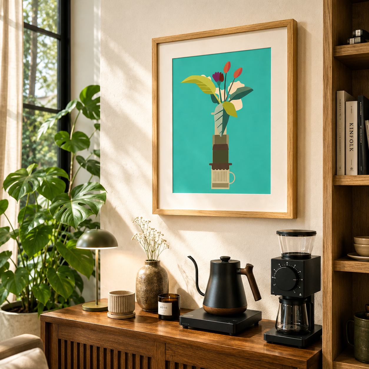 Framed artwork of a coffee plant on a wall above a wooden console table with coffee-making equipment. aeropress.