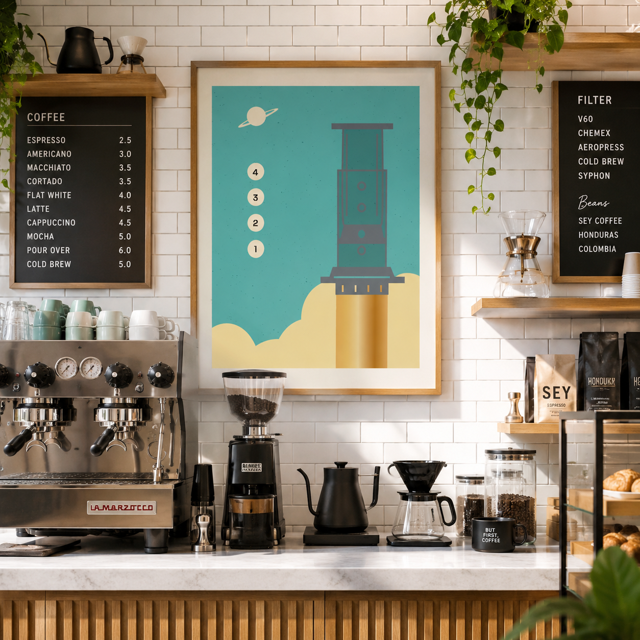 Fine art de Daniel Kondo da série Café em cafeteria clara, com obra inspirada na Aeropress, máquina de espresso e equipamentos de preparo.
