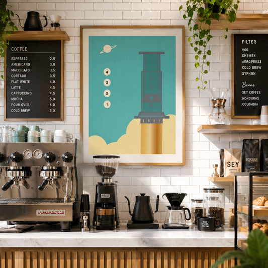 Fine art de Daniel Kondo da série Café em cafeteria clara, com obra inspirada na Aeropress, máquina de espresso e equipamentos de preparo.