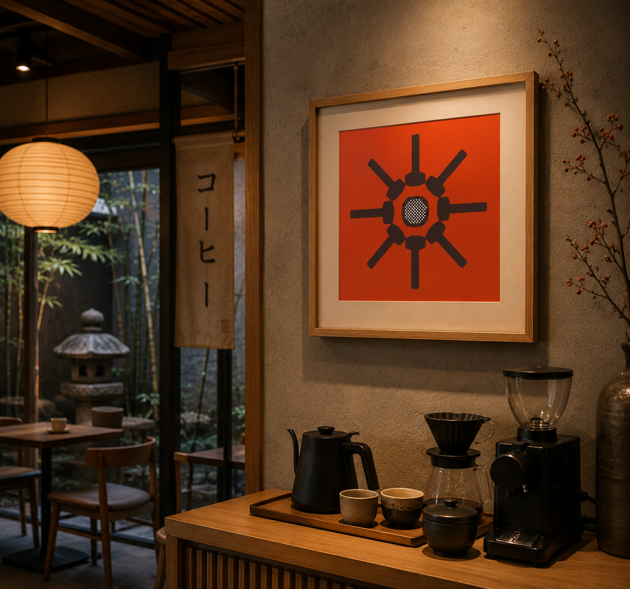 Coffee-making setup on a wooden table with a framed abstract artwork on the wall.