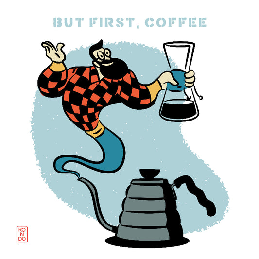 Fine art de Daniel Kondo da série Café, com personagem em camisa xadrez preparando café com filtro manual sobre fundo azul claro.