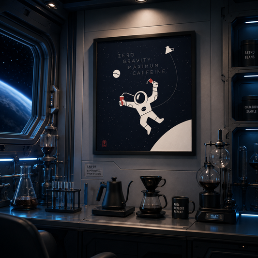 Fine art de Daniel Kondo da série Café, com composição gráfica inspirada na exploração espacial em preto sobre fundo laranja.