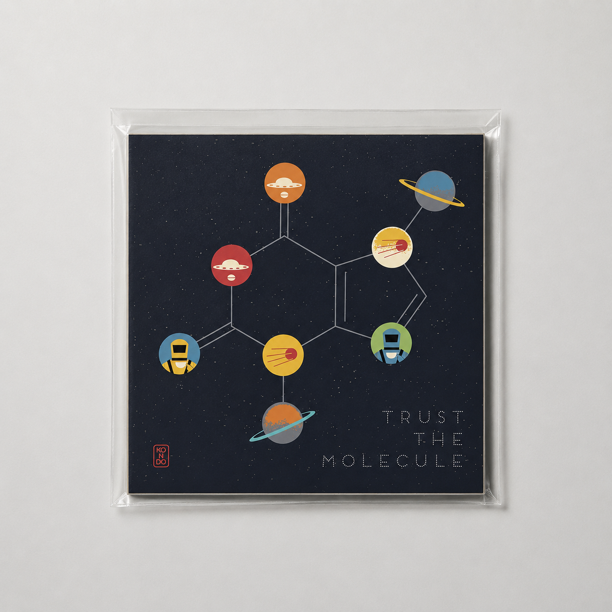 unramed artwork with colorful molecular structure design on a dark background