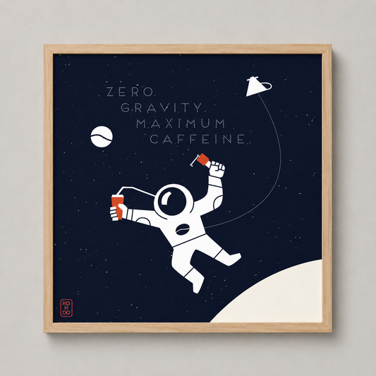 Framed artwork with an astronaut in zero gravity holding a coffee cup, against a starry space background.